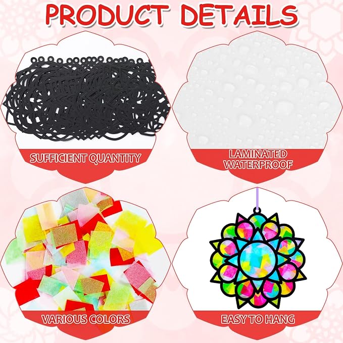 Qyeahkj 36 Set Mandala Suncatchers Crafts for Kids DIY Mandala Window Tissue Paper Craft Kit Art Flower Hanging Decor for Summer Home Activity Art Project Birthday Party Favor Gift