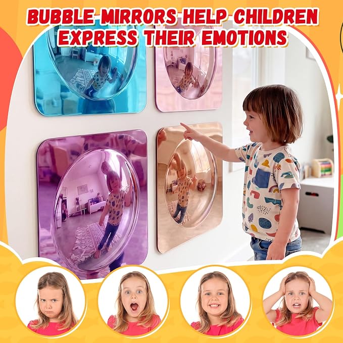 Geiserailie 4 Pcs Sensory Wall Bubble Mirrors, 10 x 10 Inch, CPC Certified | Colorful Acrylic Convex Mirrors, Sensory Room Must Haves, Classroom Learning Tool, Calming Corner, Preschool Daycare Activity