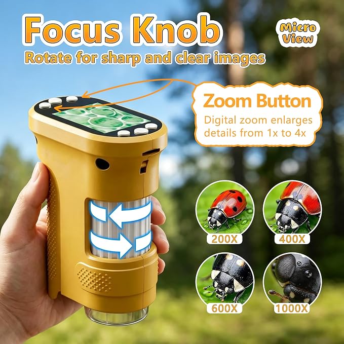 Kids Digital Microscope, 1000X Handheld Pocket Microscope STEM Science Toy | 2.0" IPS Screen, 8 LED Lights, Photo & Video Capture, Rechargeable Design, Educational STEM Gift for Kids Ages 3-12
