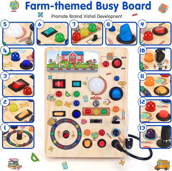 Busy Board with LED Light Switches, Montessori Toys for 1 2 3 Years Old, Toddlers Wooden Toy Sensory Activity Board, Travel Toys for 1+ Year Old Boy & Girl Birthday Gift (School)