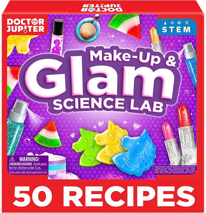 Doctor Jupiter Glam Science, DIY Makeup Craft Kit for Kids Ages 6,7,8+ | Birthday Gift for Girls Ages 6,7,8,9,10,11,12, DIY Makeup Craft Kit, Make Your Own Lip Gloss, 50+ Beauty Recipes