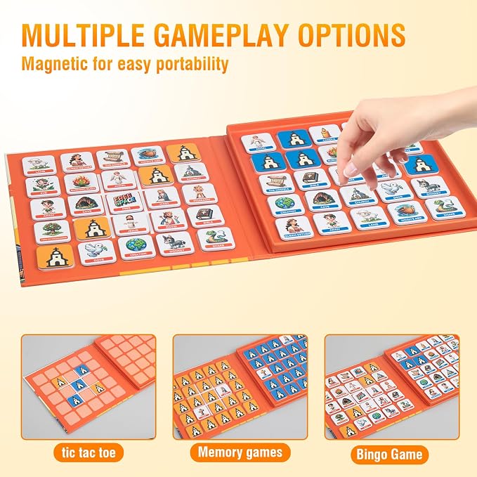 Travofun 3-in-1 Magnetic Bible Games for Kids Ages 5–8 | Magnetic memory match, story bingo and tic-tac-toe for church, Sunday school, Christian family game night and travel.