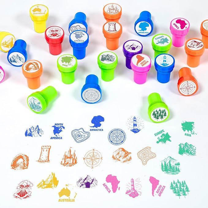 Cinrobiye 24 Pcs Geography Adventure Stampers Party Favor Set, Cute World Map Stamps for Kids Birthday Party, Classroom Rewards, Educational Learning Toys, Goody Bag Fillers, Themed Party Supplies