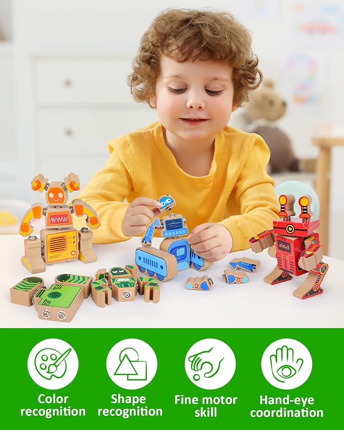 Coogam Fine Motor Building Robot Blocks for 3 4 5 Years Old Kids | Wooden Snap Together Builders, STEM Take Apart Robot Playset, Educational Learning Toy Gift for Boys Girls