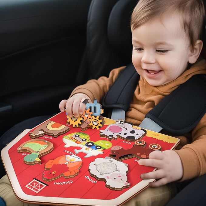 KALOTOYS Wooden Farm Animal Puzzle for Toddlers 1-3 – 8 Piece Montessori Sound & Sensory Puzzle with Textures & Spinning Tractor Gears – Fine Motor Learning Toy & Autism-Friendly Baby Gift