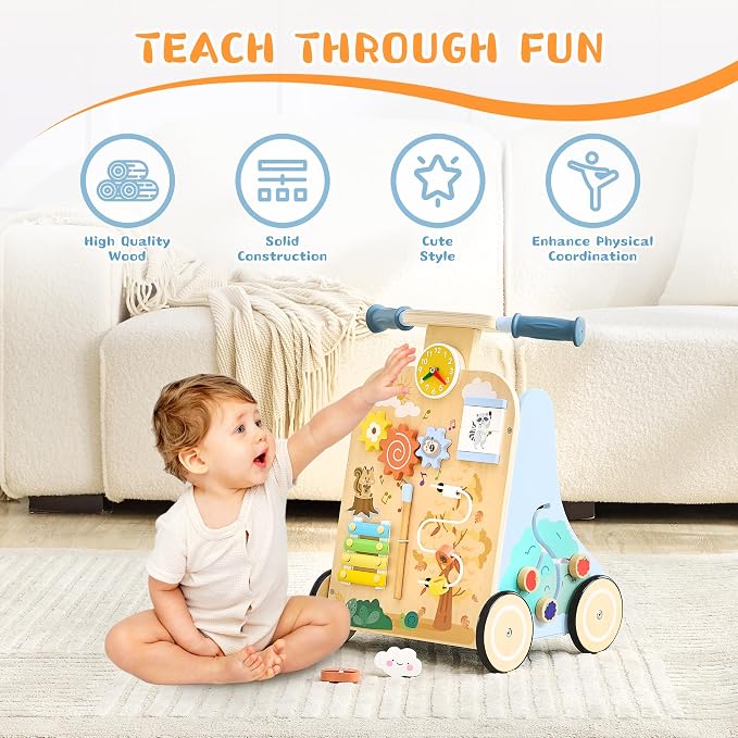 Baby Walker with 7-in-1 Montessori Activity Center for Toddlers | Wooden Baby Walker with Wheels Includes Montessori Sensory Toys and Activity Center 6-18 Months for Boys and Girls