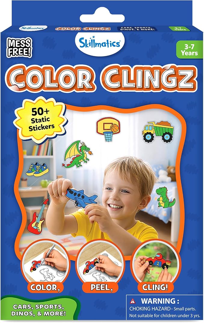Skillmatics Color Clingz – Cars, Sports, Dinos & More, Reusable Stickers | 50+ DIY Stickers, Travel Toys, Mess-Free, Window Art & Craft Kit, Gifts for Toddlers, Girls & Boys Ages 3, 4, 5, 6, 7