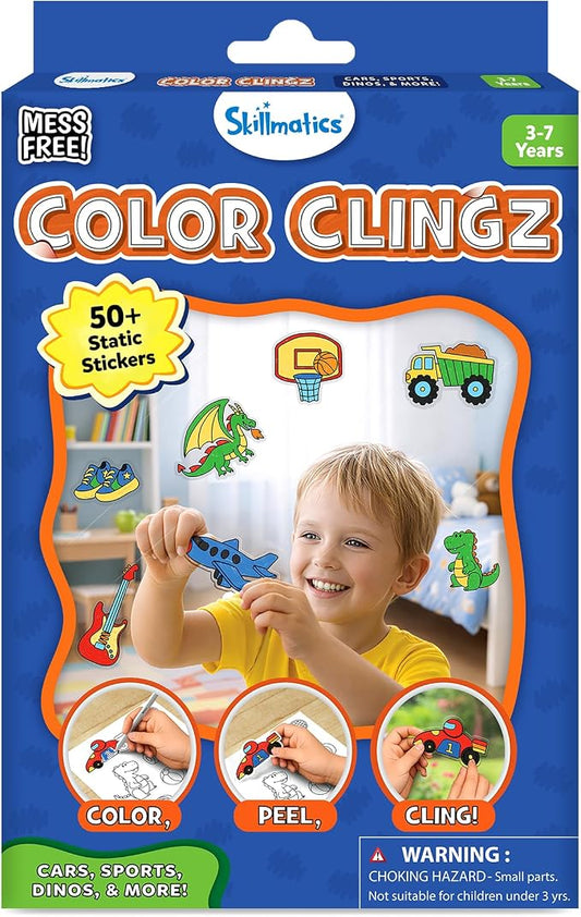 Skillmatics Color Clingz – Cars, Sports, Dinos & More, Reusable Stickers | 50+ DIY Stickers, Travel Toys, Mess-Free, Window Art & Craft Kit, Gifts for Toddlers, Girls & Boys Ages 3, 4, 5, 6, 7