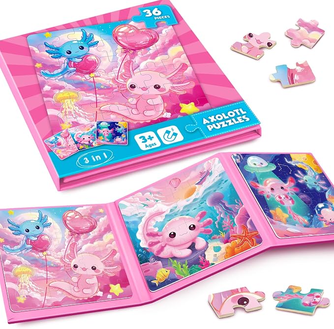 Homicozy Magnetic Puzzles for Toddler Kids 3-8, Axolotl Travel Toys | 36-Pieces Magnetic Puzzles for Girls Ages 3-5 4-6, Car Airplane Road Trip Activities, Quiet Screen-Free Game, Birthday Gifts