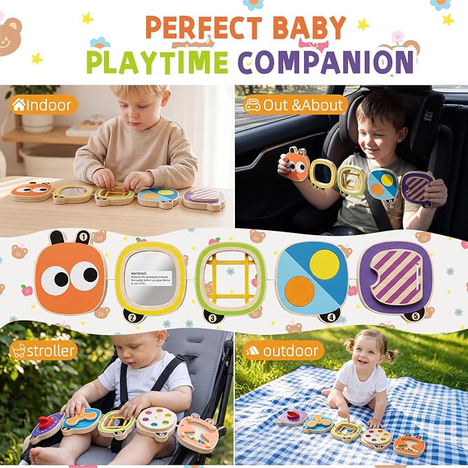 Montessori Busy Board for Toddlers 1-4 Year Old, Wooden Sensory Fidget Activity Board for Baby Boys Girls 1+ Year Old, Preschool Travel Toys for Airplane/ Car, Educational Learning Gift ADHD/ Autistic