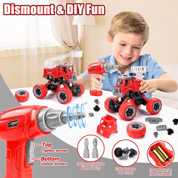 LUDILO Fire Trucks Toddlers 3-5 Take Apart Toys Gifts 3 4 5 Year Old Boys | 4PCS Kids DIY Assembly Firetruck/Electric Drill/Toddler Stem Building Fire Truck Toys 3 4 5 Year Old Boys Birthday Gift Xmas