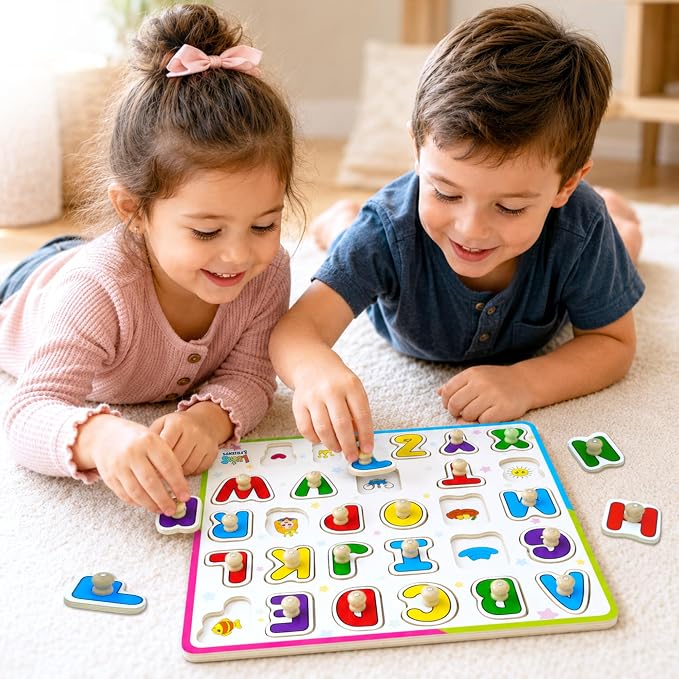 Lucas & Friends Wooden ABC Peg Puzzle for Toddlers, Alphabet Learning Toy | Montessori Learning Toys, Peg Puzzle Board for Preschool Kids, Educational Alphabets Puzzle, Ages 3+, Birthday Gift for Kids