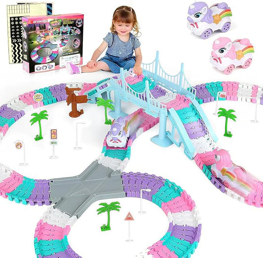 Coroiesty 268 PCS Unicorn Race Tracks for Kids Toys, Flexible DIY Track Set | Glow in The Dark Magic Toy Set, 2 Unicorn Cars Track, Birthday Gift for Age 3-9 Boys Toddler Girls