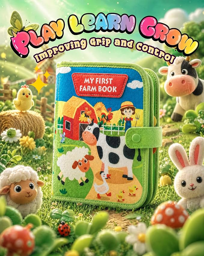 Montessori Busy Book for Toddlers, 8-Page Sensory Activity Book for Fine Motor Skills & Basic Dress Learning, Portable Travel Toy for Preschool Kids, Birthday Gift for Boys and Girls (Farm)