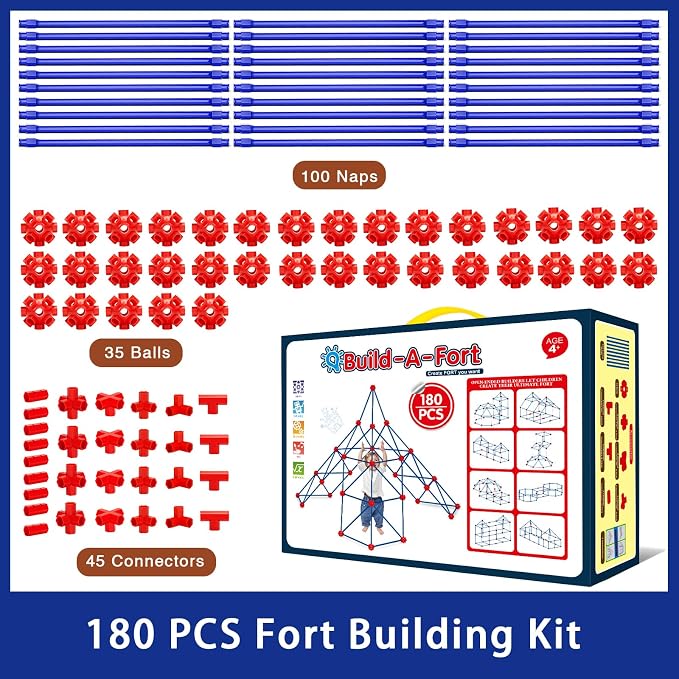 V-Opitos 180 Pack Fort Building Kits for Kids Age 4, 5, 6, 7, 8+ Years Old, Creative STEM Building Toys for DIY Castles, Tunnels, Play Tent, Ideal Christmas, Birthday Gifts for Boys & Girls