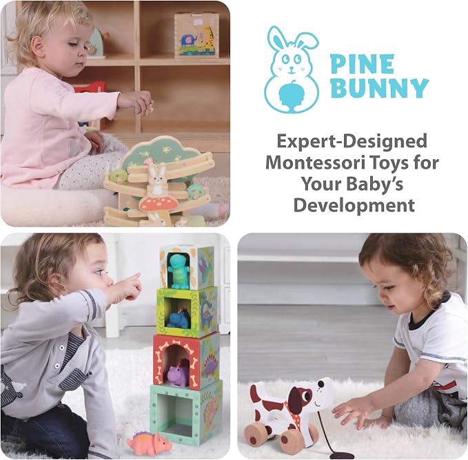 Pine Bunny Montessori Wooden 11-in-1 Toy Set for 16+ Months, Lacing Beads, Wooden Marble Run, Dinosaur Nesting Boxes, Butterfly Puzzle Pull Along Dog Educational Learning Counting STEM Fine Motor Toys