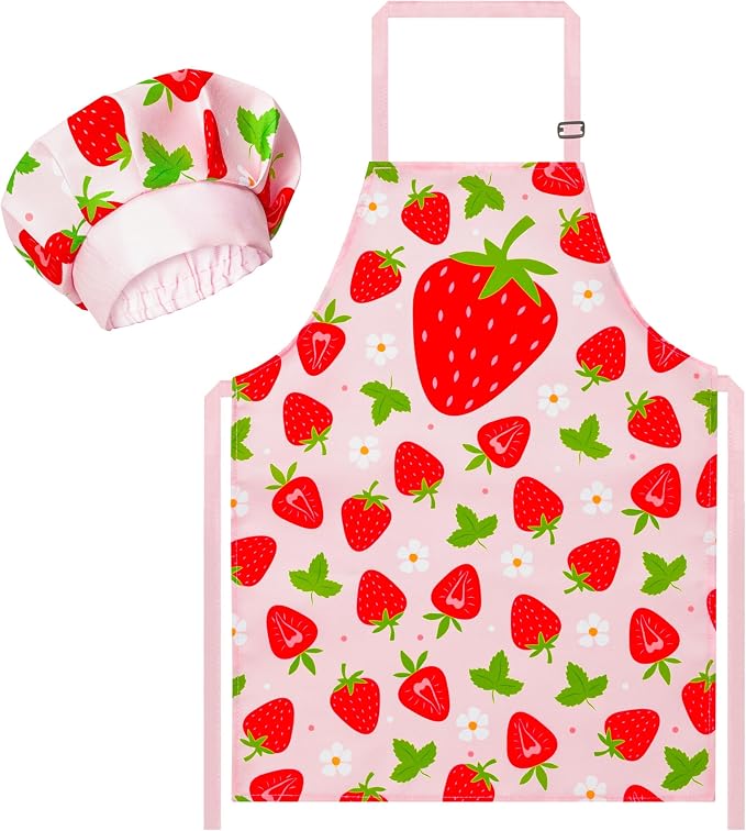R HORSE 2 Piece Kid Apron and Chef Hat Set, Children Role Play Chef Toy | Strawberry Adjustable Kitchen Toddler Apron for Girls, Cooking Birthday Gift for Kid, Ideal for Cooking, Baking, Painting