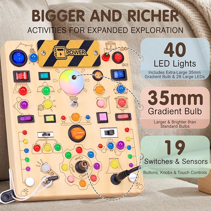 RichBoy Busy Boards, Lights Switch-Style, Wooden, 59-in-1, Large | Toddlers Birthday Gifts, Montessori Toys, Autism Sensory, Fine Motor Skills, Educational Learning, Travel Essentials