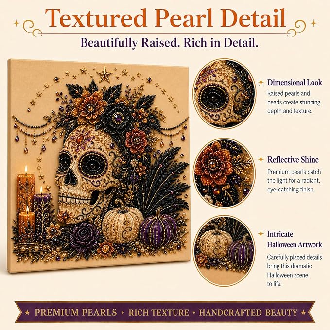 Halloween Pearl Art Kit for Adults, DIY Fall Craft (Skull) | Create textured Halloween decor through a screen-free, beginner-friendly craft activity.