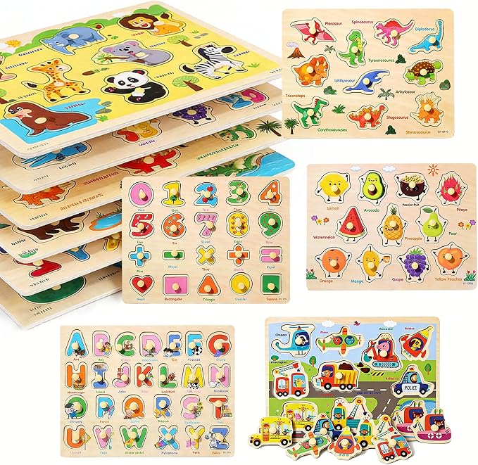 Wooden Peg Puzzles for Toddlers 1-3 – 6 Pack Toddler Puzzles, Preschool Educational Learning Puzzle Toys for Kids, Alphabet, Number, Shapes, Christmas Birthday Gifts for Boys, Girls
