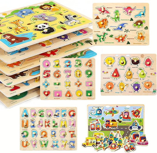 Wooden Peg Puzzles for Toddlers 1-3 – 6 Pack Toddler Puzzles, Preschool Educational Learning Puzzle Toys for Kids, Alphabet, Number, Shapes, Christmas Birthday Gifts for Boys, Girls