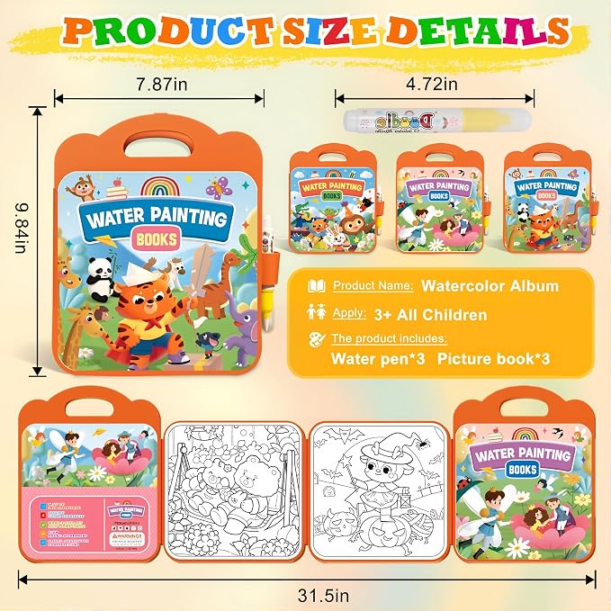 Bresdim Reusable Water Coloring Book,Water Painting Books for Toddlers 1-3 | 3Pack Handheld Mess Free Coloring Books with Water Pens,Educational Toddler Travel Activity Toys for Kid 3–6