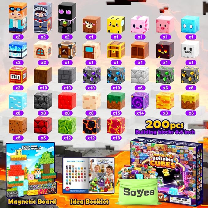 Soyee Magnetic Blocks 200 PCS - Magnetic Building Cubes Toys Build Mine Magworld Craft Cubes Portal Theme STEM Toys for Kids Ages 3-5 4-8 8-12 Birthday Gifts Boys Toys Ages 6-8