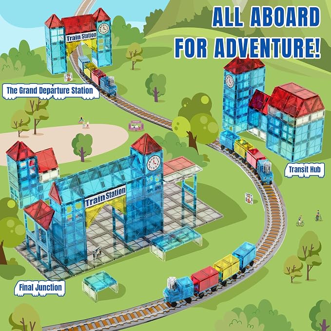 SKTMYY Magnetic Tiles Train Toys, Train Station for Kids Age 4-8 | Magnet Tiles Cars, Preschool Classroom Educations, STEM Learning Montessori Toys, Birthday Gifts for Boys Girls