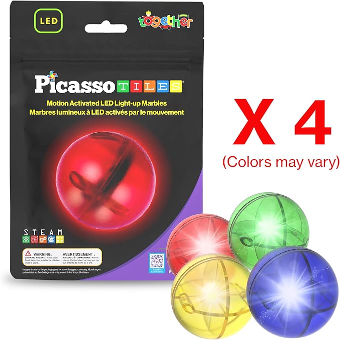 PicassoTiles Motion Activated Marbles 4pc LED Light-Up Glow in The Dark Translucent Balls for Marble Run Race Racetrack Maze Magnetic Construction Magnet Tiles Building Block STEM Education Kids Toys