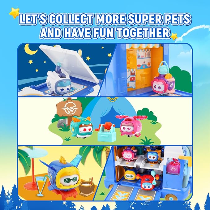 Super Wings Season 7 New Super Pets' Mini Base，Transforming Playset from Bus to Aircraft, with Super Pet Jett & Dizzy, Role Play Toys for Kids, Gifts for Girls Boys Age 3+