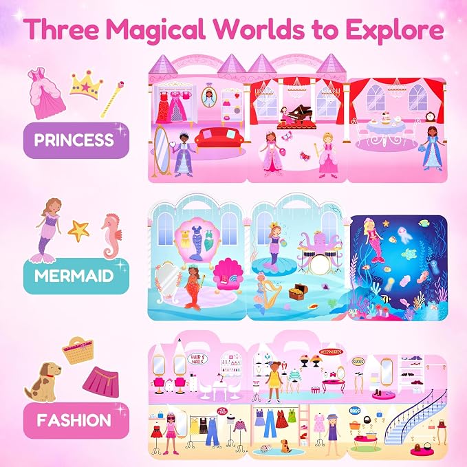 JoyCat Reusable Dress-Up Sticker Books, 3-Pack, Princess Mermaid Fashion | 200+ washable stickers, kids car activities, toddler creative play, preschool travel toy, birthday gift for 4 year old girls
