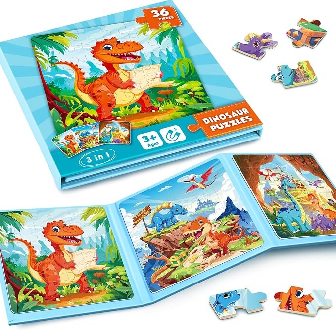Homicozy Magnetic Puzzles for Toddler Kids 3-8, Dinosaur Travel Toys | 36-Pieces Magnetic Puzzle for Kids Ages 3-5 4-6, Car Airplane Road Trip Activities, Quiet Screen-Free Game, Birthday Gifts