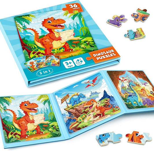 Homicozy Magnetic Puzzles for Toddler Kids 3-8, Dinosaur Travel Toys | 36-Pieces Magnetic Puzzle for Kids Ages 3-5 4-6, Car Airplane Road Trip Activities, Quiet Screen-Free Game, Birthday Gifts