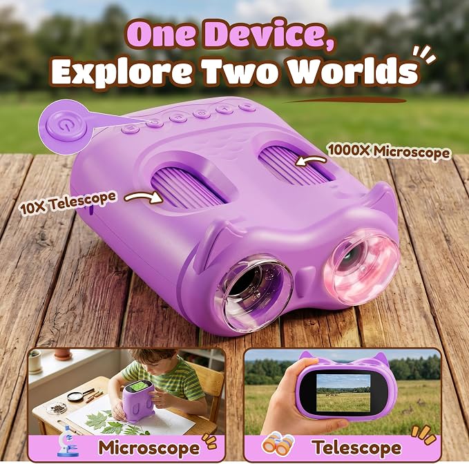 1000X Digital Microscope for Kid Handheld: 2-in-1 Telescope Portable STEM Toy - Birthday Gift for Boy Girl - Science Kits 10X Magnifying Glass for Age 3-8 8-12 USB Gadget Purple