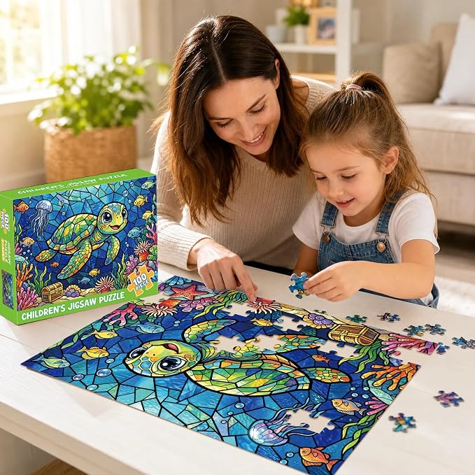 4-Pack 100 Piece Puzzles for Kids Ages 4-8 6-8 8-10, Shark Turtle Kids Puzzles Ages 4-6 5-8 8-10, Octopus Jellyfish Stained Glass Ocean Animal Puzzle 100 Pieces, Kids Jigsaw Puzzles Toys Gifts 15"x10"