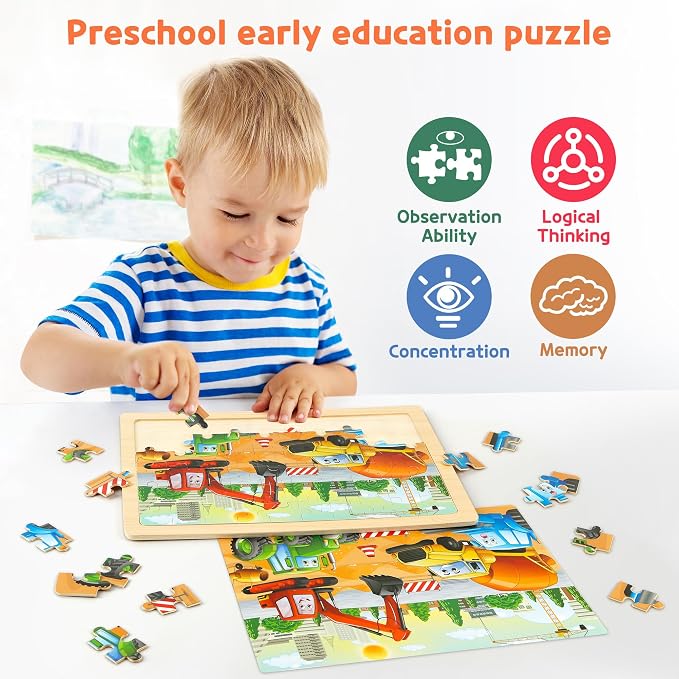 SYNARRY 6-Pack Large Wooden Jigsaw Puzzles for Kids Ages 4-6, 60-Piece | Puzzles for Kids Ages 4-8, Dinosaur, Farm, Safari Animals, Sea Life, Space & Vehicle Themes, Kids Toddlers Birthday Gifts