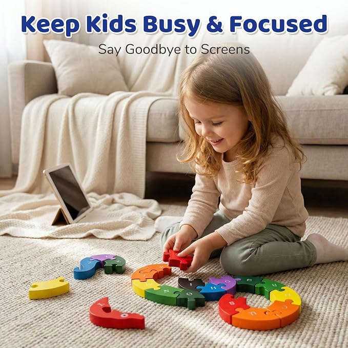 LovesTown Wooden Double Sided Snake Puzzle | Alphabet & Numbers, Educational Toys, Chunky Animal Design, For Toddlers, Great Learning Gift