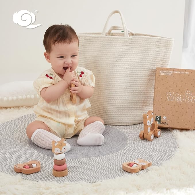 FReniland Wooden Montessori Baby Toys Set, 5-Piece Newborn Gift Set with Koala Rattle, Fox Stacking Rings & Push-Pull Toy for Boys and Girls