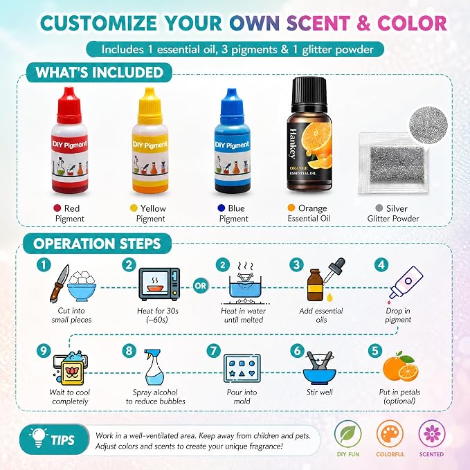 EDSRDRUS Beginner Soap Making Kit for Kids - Science STEM Activity with Glycerin Soap Base, 6-Hole Silicone Molds, Colorants, Essential Oil - Fun, Easy, Creative DIY Craft Kits