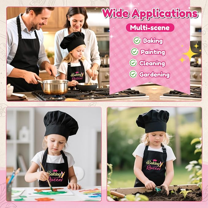 R HORSE Kid Apron and Chef Hat Set 2Pcs Adjustable Black Baking Queen Children Kitchen Apron, Dress up Role Play Chef Toy Funny Cooking Baking Painting and Training Kits for Girls Birthday Gift