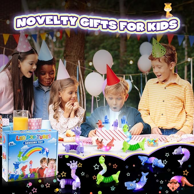 Delighkidz Animals Fidget Toys for Toddlers: 6 Pack LED Animal Pop Tubes for Kids 3 4 5 6 7 8 Year Old Girls Boys Toddler Birthday Gifts Autism Sensory Toy for Grandkids Age 3-8 Tube