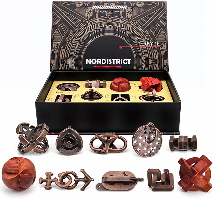 10Pcs Vintage Metal Wood Brain Teaser Puzzle Set,Interlocking 3D IQ Logic Game with Magnetic Gift Box,Difficulty 2.5-6 Desk Decor Gift for Adults Teens Birthday Christmas
