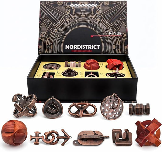 10Pcs Vintage Metal Wood Brain Teaser Puzzle Set,Interlocking 3D IQ Logic Game with Magnetic Gift Box,Difficulty 2.5-6 Desk Decor Gift for Adults Teens Birthday Christmas