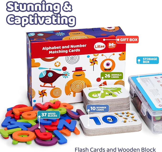 LiKee Alphabet Flash Cards Wooden Letter Puzzle ABC Sight Words Matching Games Counting Board Preschool Educational Montessori Toys for Toddlers Boys Girls 3+ Years (36 Cards& 37 Wood Pieces)