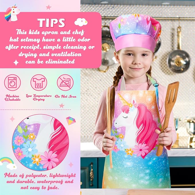 R HORSE 2 Pieces Kid Apron and Chef Hat Set, Dress up Role Play Chef Toy | Magic Horse Adjustable Children Kitchen Apron for Girl, Ideal for Cooking, Baking, Painting, Training, Cooking Birthday Gift