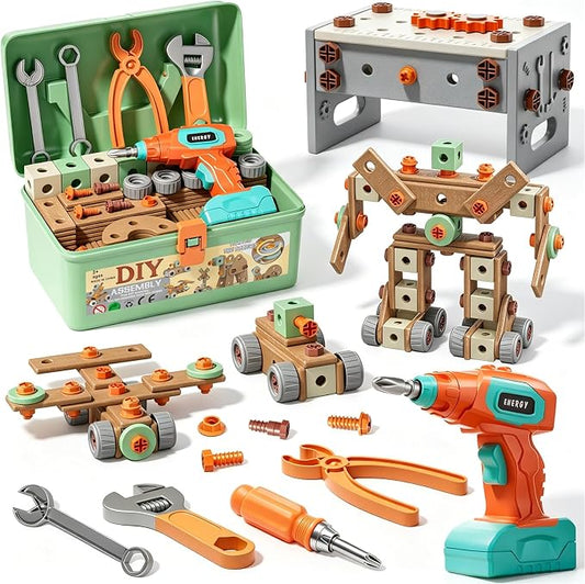CUTE STONE 200PCS Toddler Tool Set with Electric Toy Drill | STEM Construction Building Toy, 2-in-1 Tool Bench & Storage Box, Montessori Pretend Play Gift for Kids Boys Girls Ages 3-6