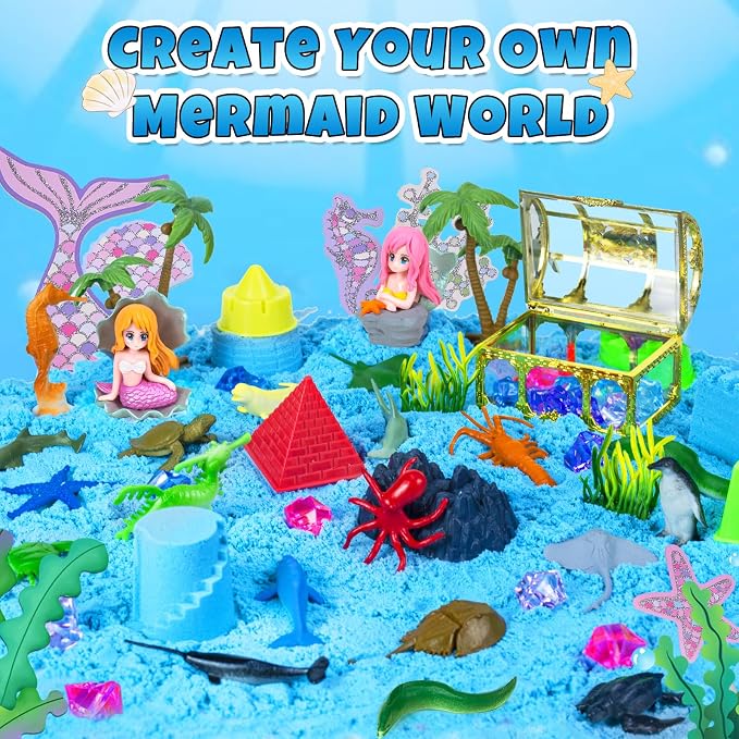 Sensory Bins, Ocean Sensory Bin Mermaid Sandbox for Kids 3 4 5 6-8 | with 2.2lbs Magic Sand, 2 Mermaid Toys, Sea Animals, Cleaning Tools, Birthday Gift for Toddlers Play Sand Art Kit