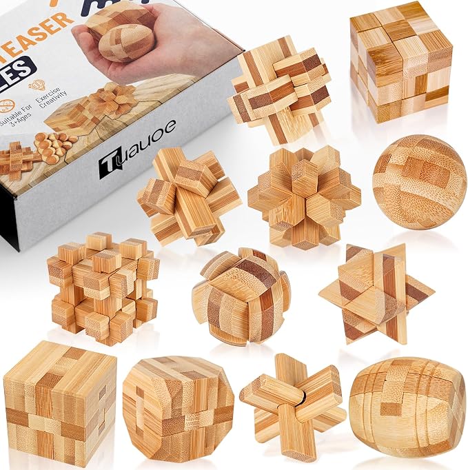 Wooden Brain Teaser Puzzles, 12pcs 3D Brain Teasers for Adults Teens Kids, Logic Mind Puzzle Box Lock Toy Removing Assembling Gift Set, Small Unique IQ Hand Puzzles