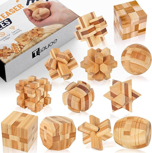 Wooden Brain Teaser Puzzles, 12pcs 3D Brain Teasers for Adults Teens Kids, Logic Mind Puzzle Box Lock Toy Removing Assembling Gift Set, Small Unique IQ Hand Puzzles