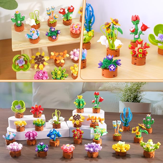 24 Pack Flowers Succulents Party Favors for Kids 6+ Mini Building Toys Sets | 1012PCS Botanical Bonsai 3.6mm Blocks for Classroom Prizes Goodie Bags Filler Stocking Stuffers, Birthday Gift for Girls Boys